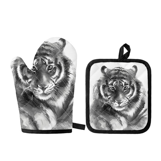 Monochrome Watercolor White Tiger Print Oven Mitt And Pot Holder Set