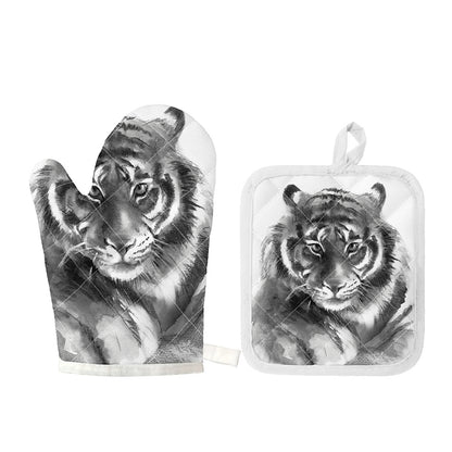 Monochrome Watercolor White Tiger Print Oven Mitt And Pot Holder Set