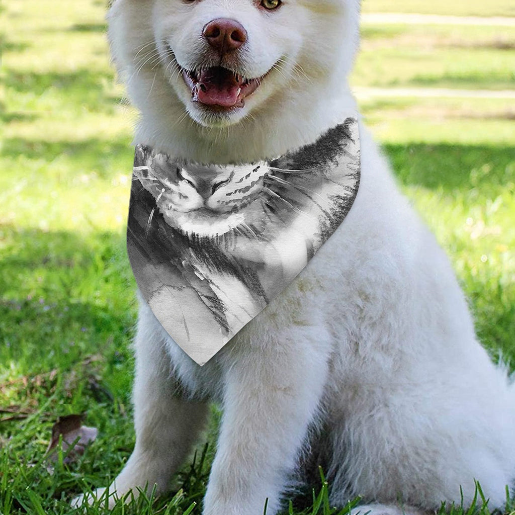 Monochrome Watercolor White Tiger Print Over The Collar Dog Bandana