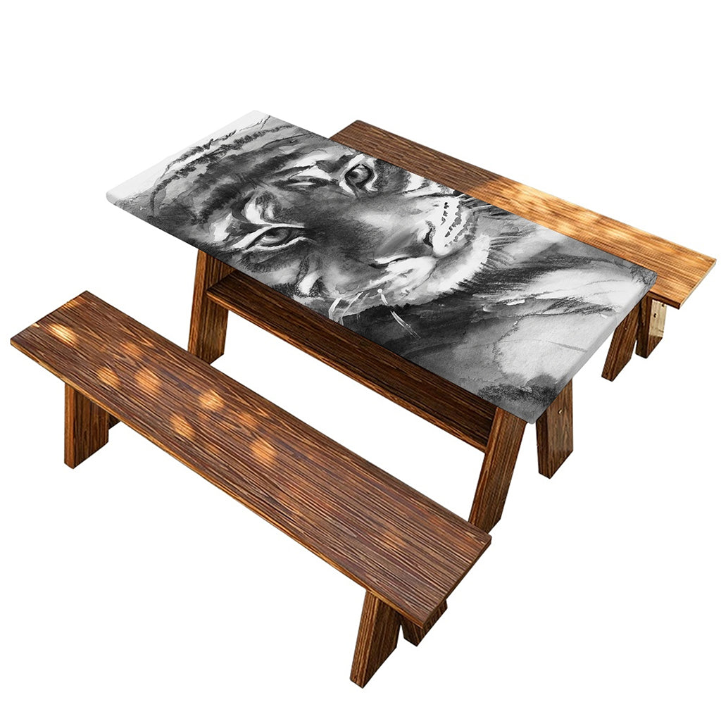 Monochrome Watercolor White Tiger Print Picnic Table Cover