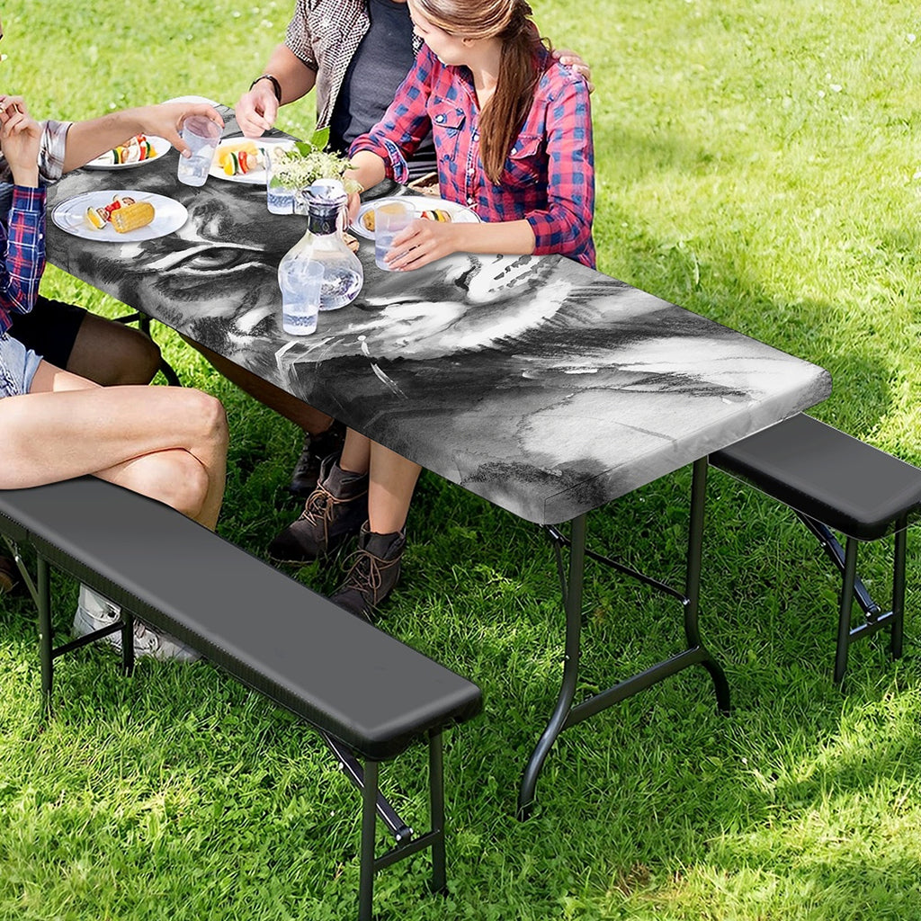 Monochrome Watercolor White Tiger Print Picnic Table Cover