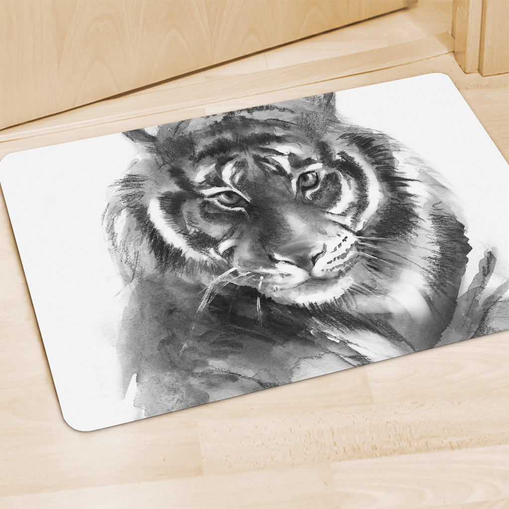 Monochrome Watercolor White Tiger Print Polyester Doormat