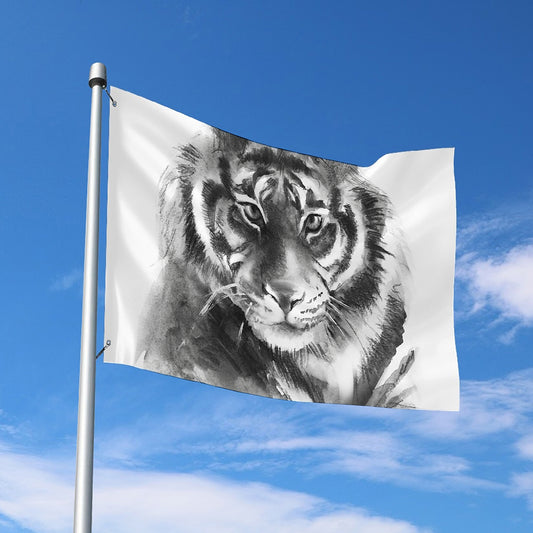 Monochrome Watercolor White Tiger Print Polyester Flag