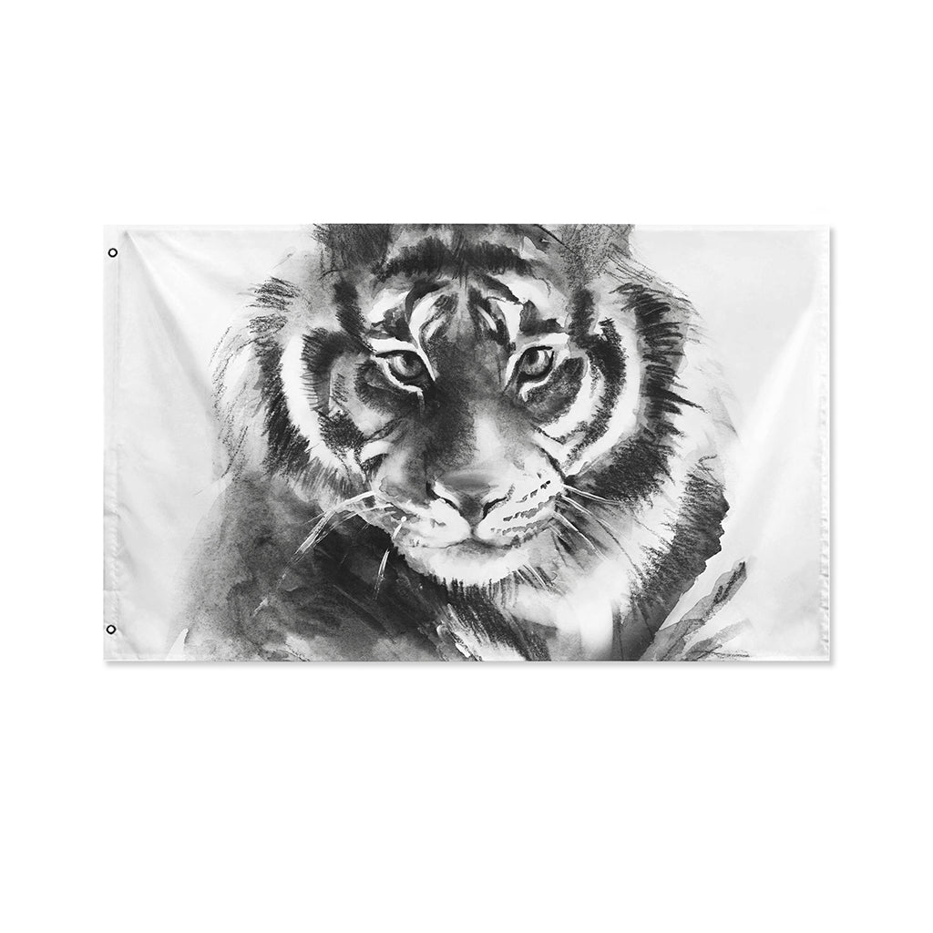 Monochrome Watercolor White Tiger Print Polyester Flag