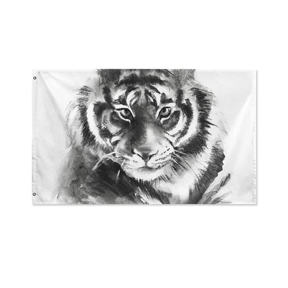 Monochrome Watercolor White Tiger Print Polyester Flag