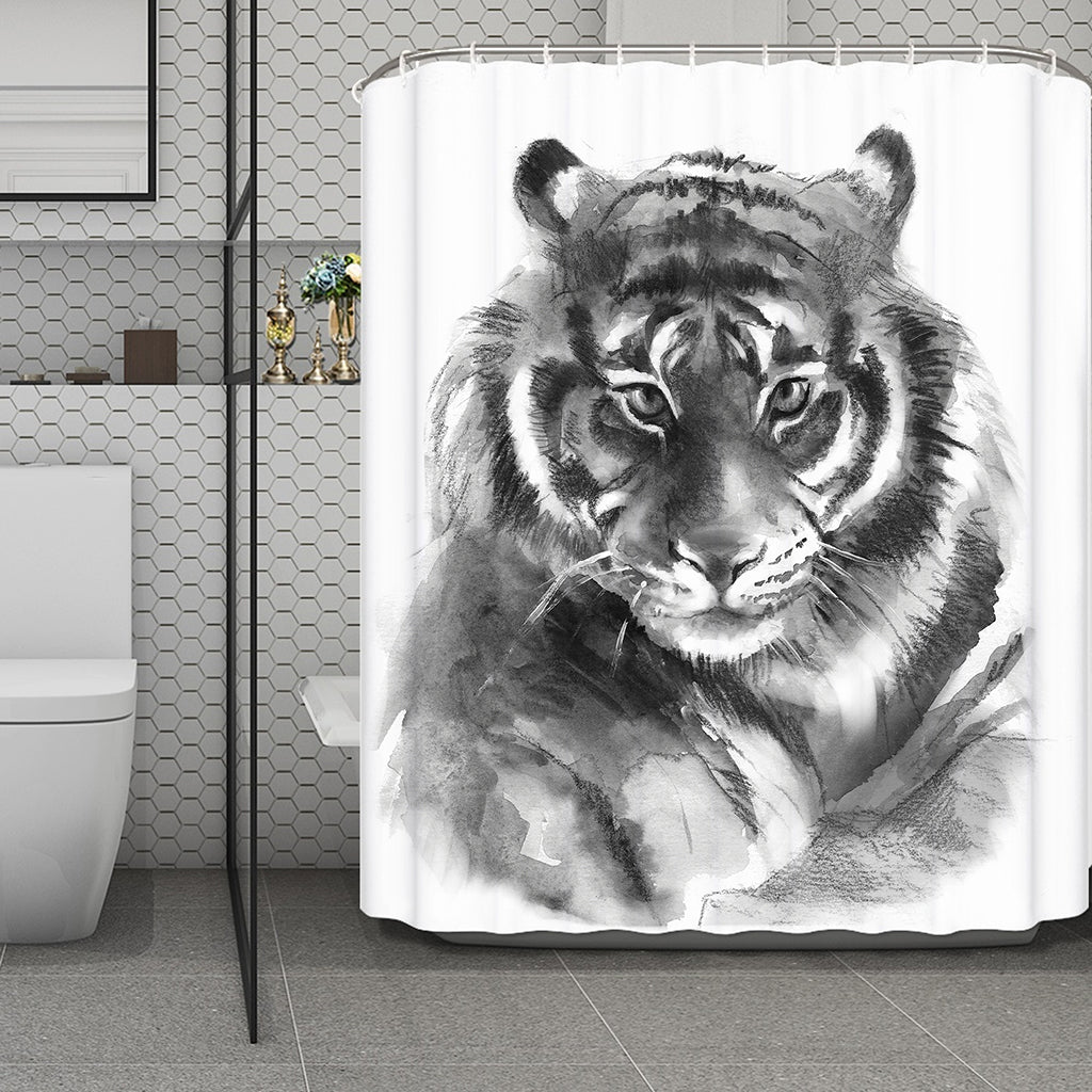Monochrome Watercolor White Tiger Print Polyester Shower Curtain