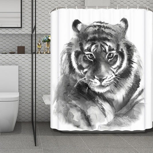 Monochrome Watercolor White Tiger Print Polyester Shower Curtain