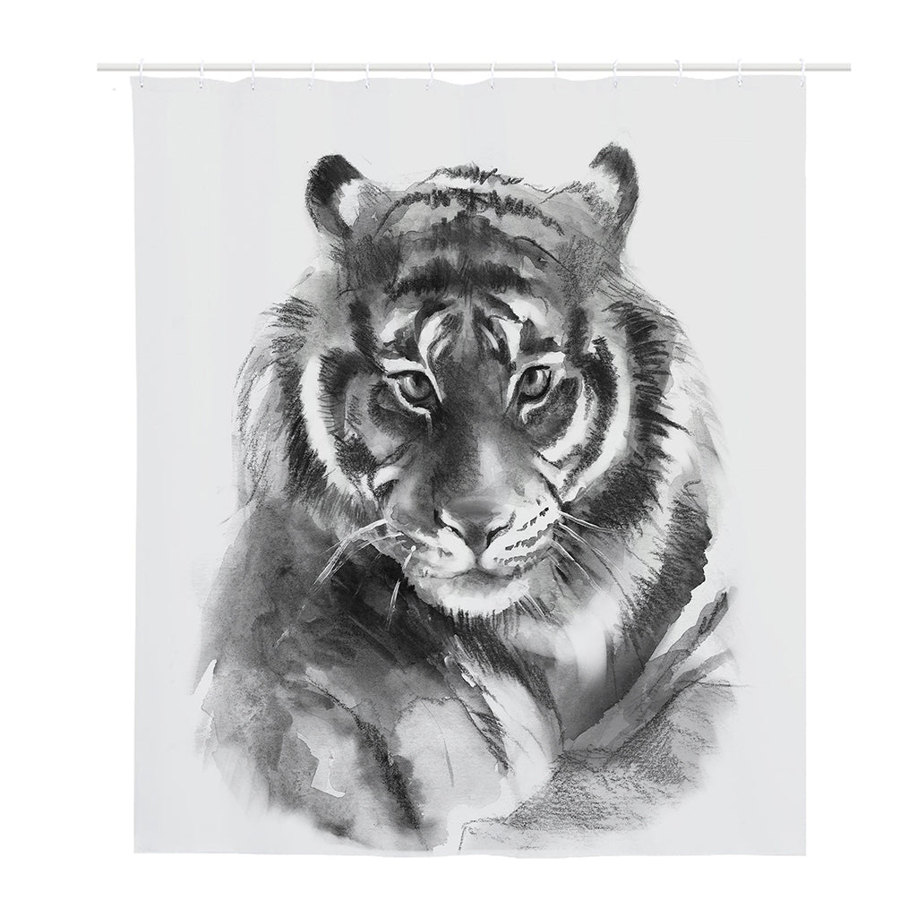Monochrome Watercolor White Tiger Print Polyester Shower Curtain