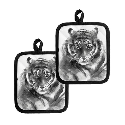 Monochrome Watercolor White Tiger Print Pot Holders