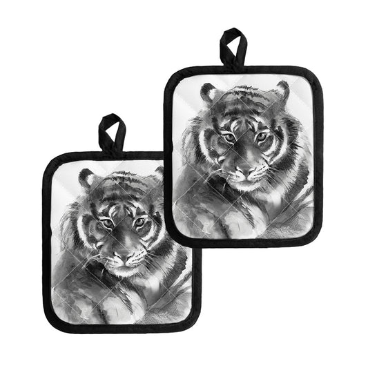 Monochrome Watercolor White Tiger Print Pot Holders