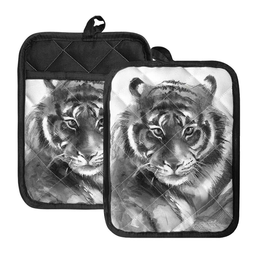 Monochrome Watercolor White Tiger Print Pot Holders With Pocket