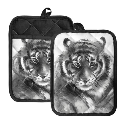 Monochrome Watercolor White Tiger Print Pot Holders With Pocket