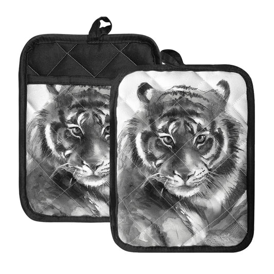 Monochrome Watercolor White Tiger Print Pot Holders With Pocket