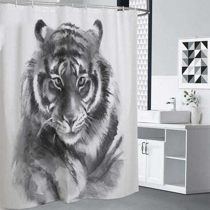 Monochrome Watercolor White Tiger Print Premium Shower Curtain