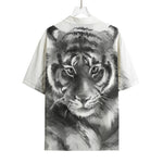 Monochrome Watercolor White Tiger Print Rayon Hawaiian Shirt