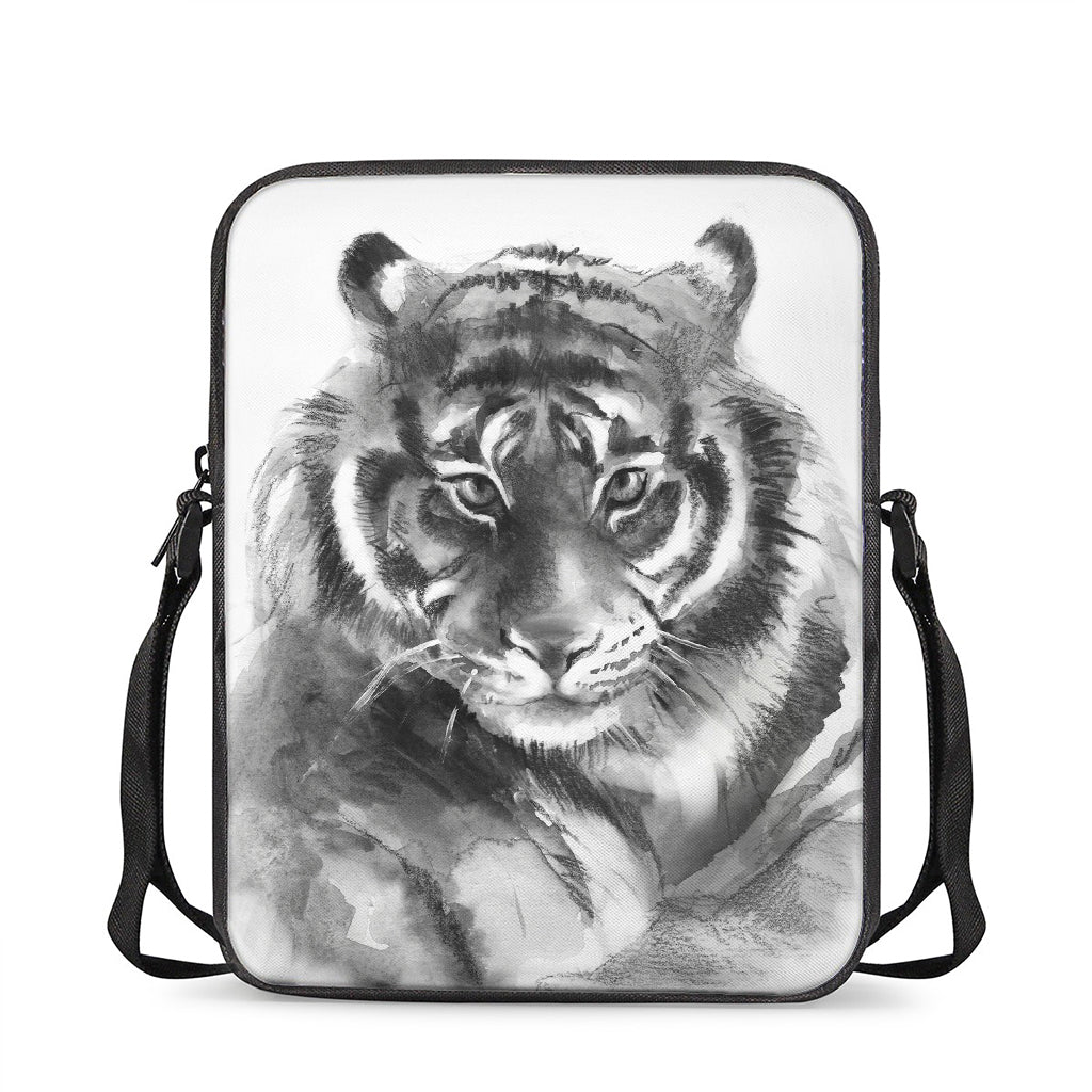 Monochrome Watercolor White Tiger Print Rectangular Crossbody Bag