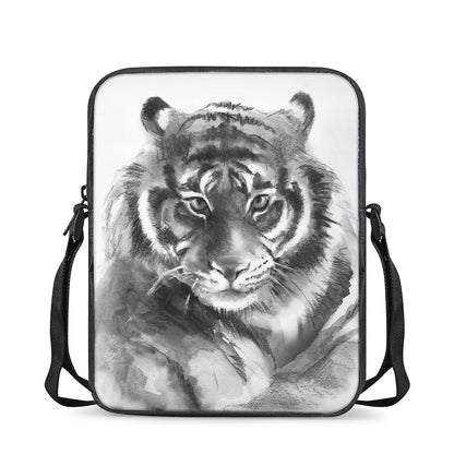 Monochrome Watercolor White Tiger Print Rectangular Crossbody Bag