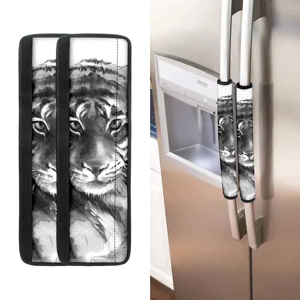 Monochrome Watercolor White Tiger Print Refrigerator Handle Covers