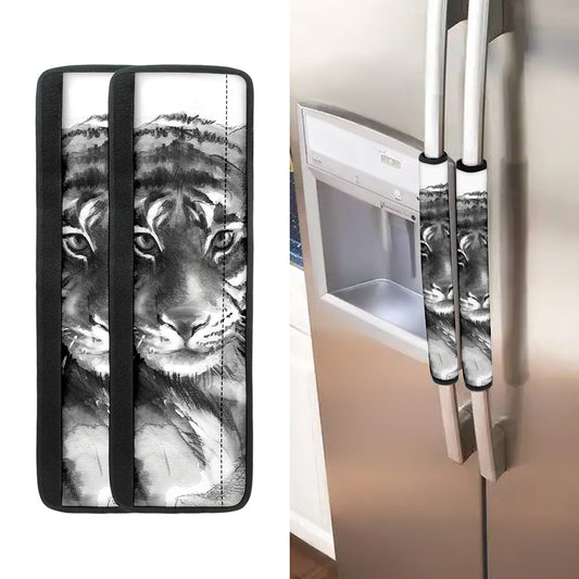 Monochrome Watercolor White Tiger Print Refrigerator Handle Covers