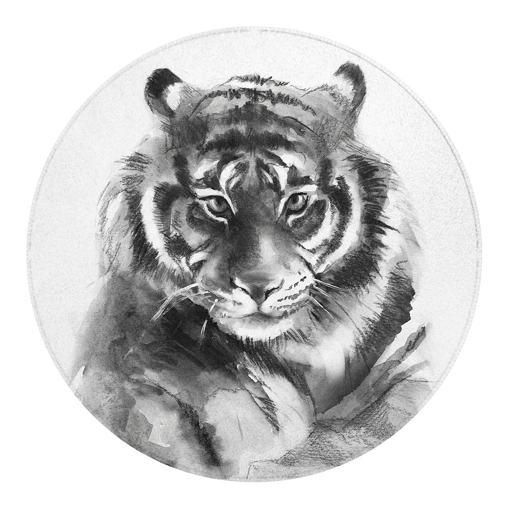 Monochrome Watercolor White Tiger Print Round Blanket