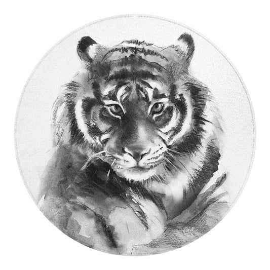Monochrome Watercolor White Tiger Print Round Blanket