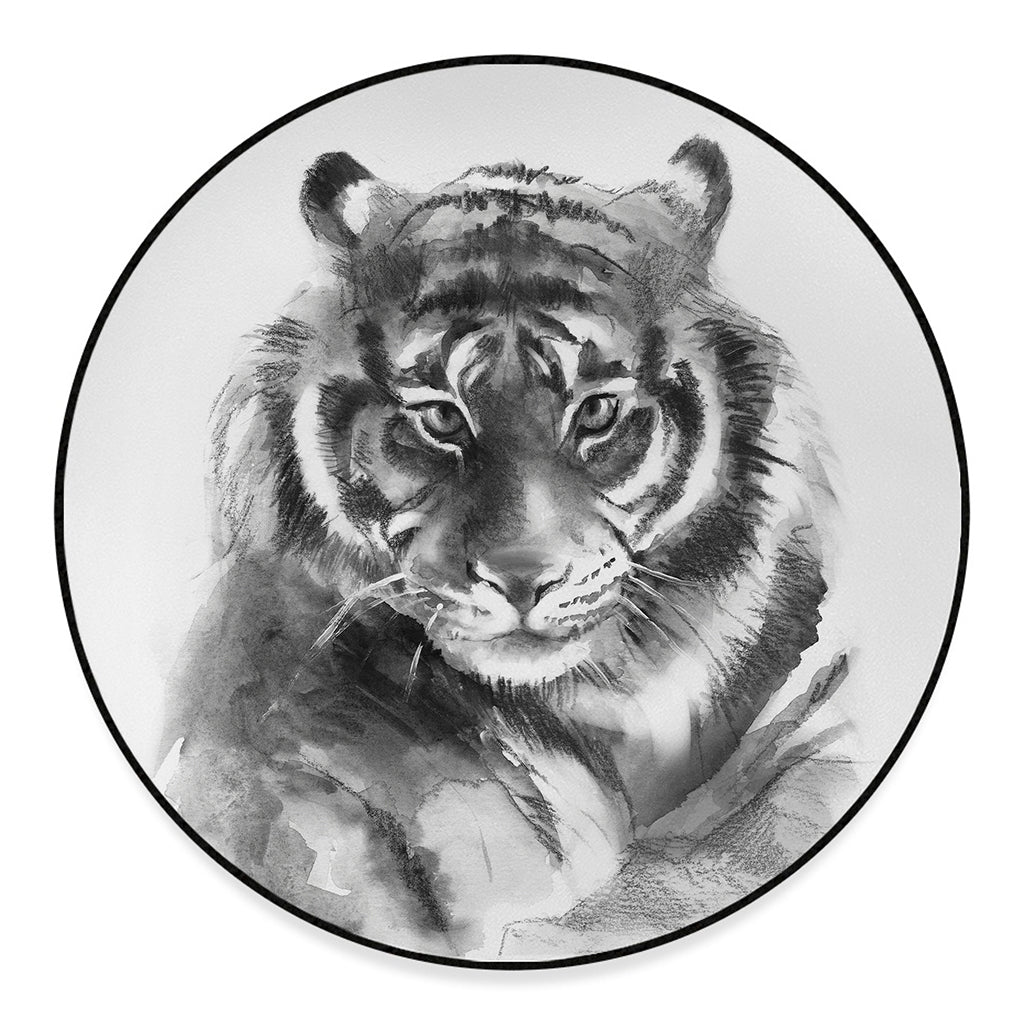 Monochrome Watercolor White Tiger Print Round Floor Mat