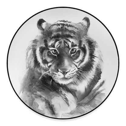 Monochrome Watercolor White Tiger Print Round Floor Mat