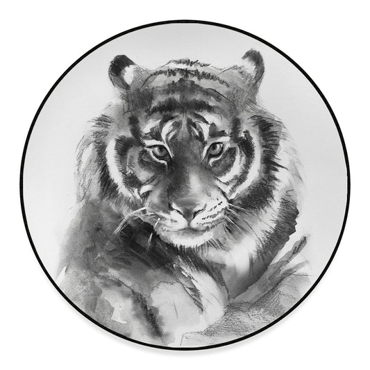 Monochrome Watercolor White Tiger Print Round Floor Mat