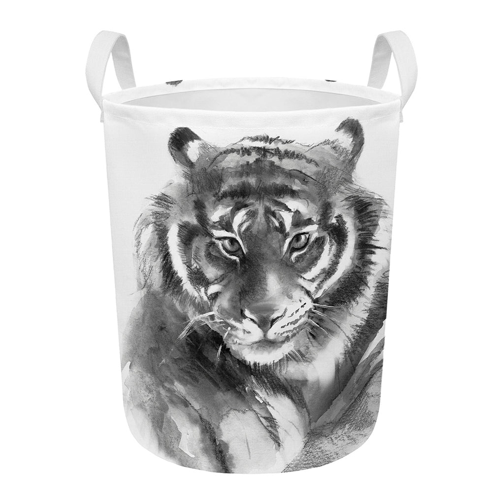 Monochrome Watercolor White Tiger Print Round Laundry Basket