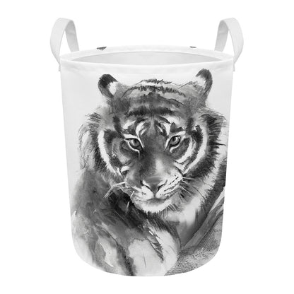 Monochrome Watercolor White Tiger Print Round Laundry Basket