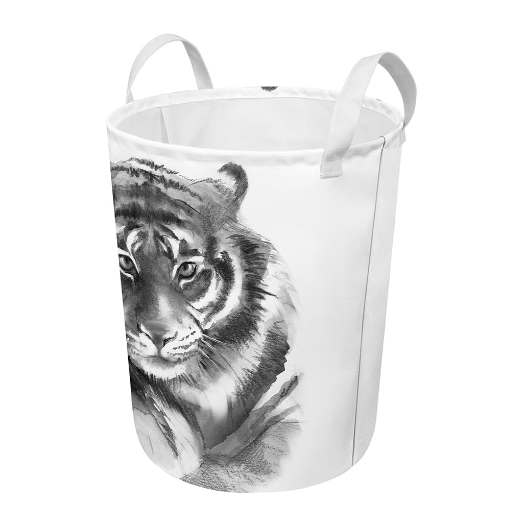 Monochrome Watercolor White Tiger Print Round Laundry Basket