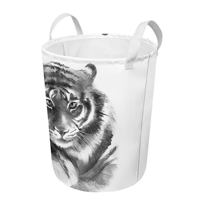 Monochrome Watercolor White Tiger Print Round Laundry Basket