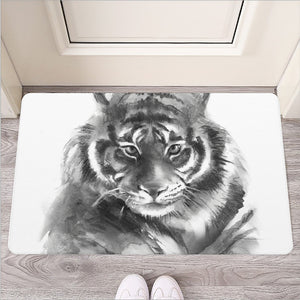 Monochrome Watercolor White Tiger Print Rubber Doormat