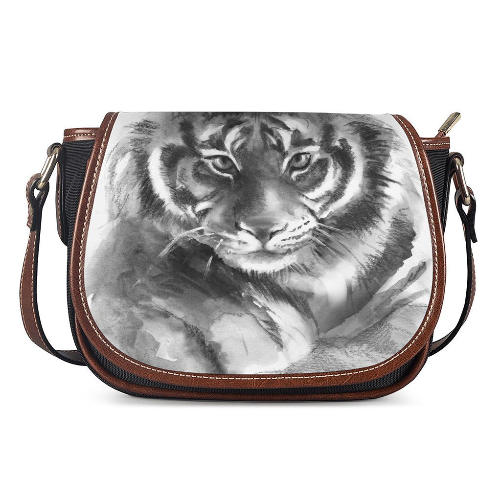 Monochrome Watercolor White Tiger Print Saddle Bag