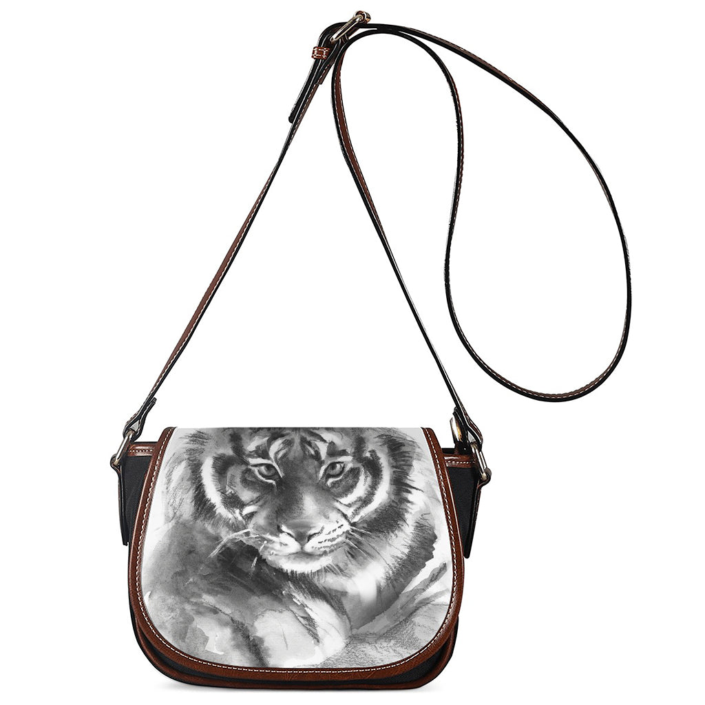 Monochrome Watercolor White Tiger Print Saddle Bag