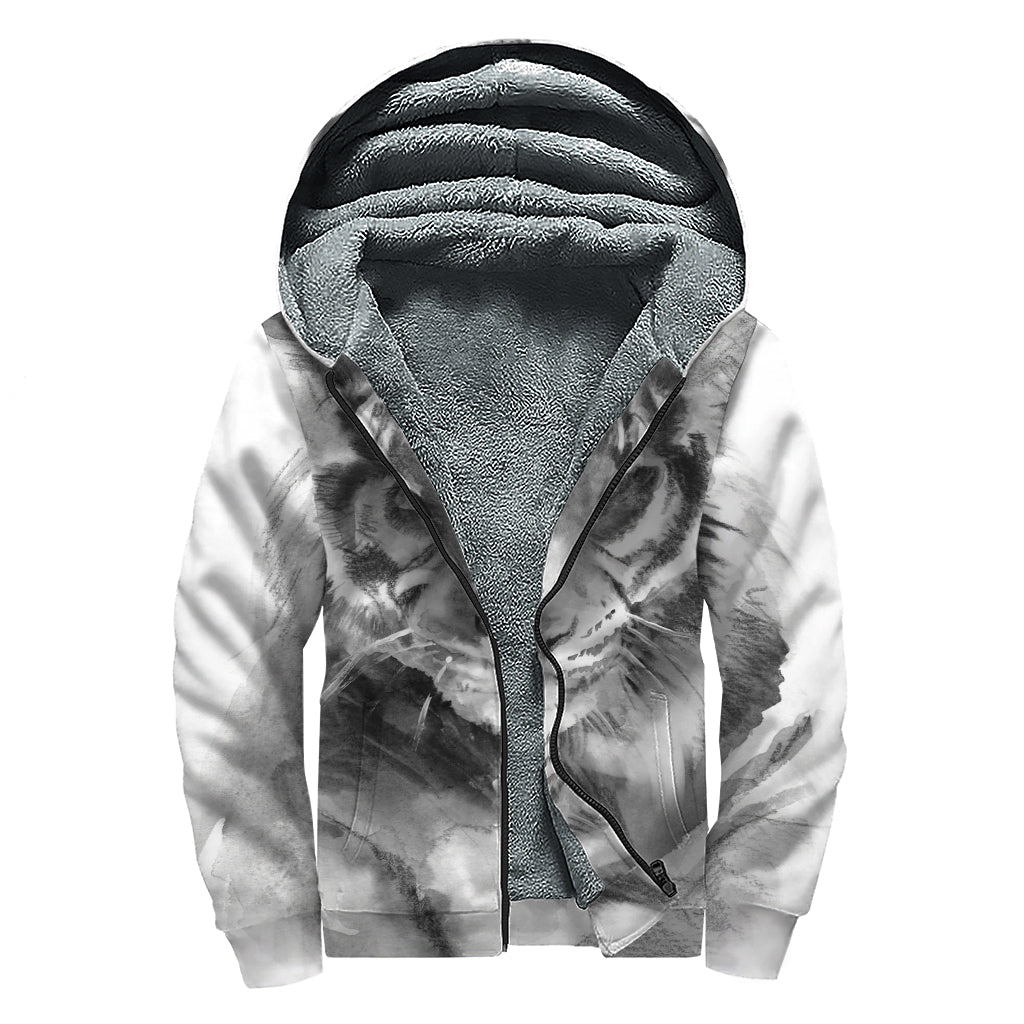 Monochrome Watercolor White Tiger Print Sherpa Lined Zip Up Hoodie