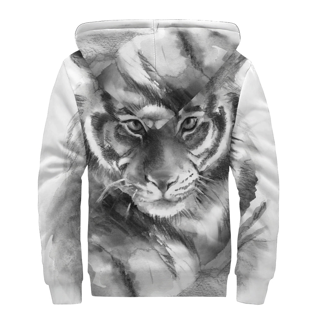 Monochrome Watercolor White Tiger Print Sherpa Lined Zip Up Hoodie