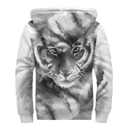 Monochrome Watercolor White Tiger Print Sherpa Lined Zip Up Hoodie