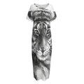 Monochrome Watercolor White Tiger Print Short Sleeve Long Nightdress