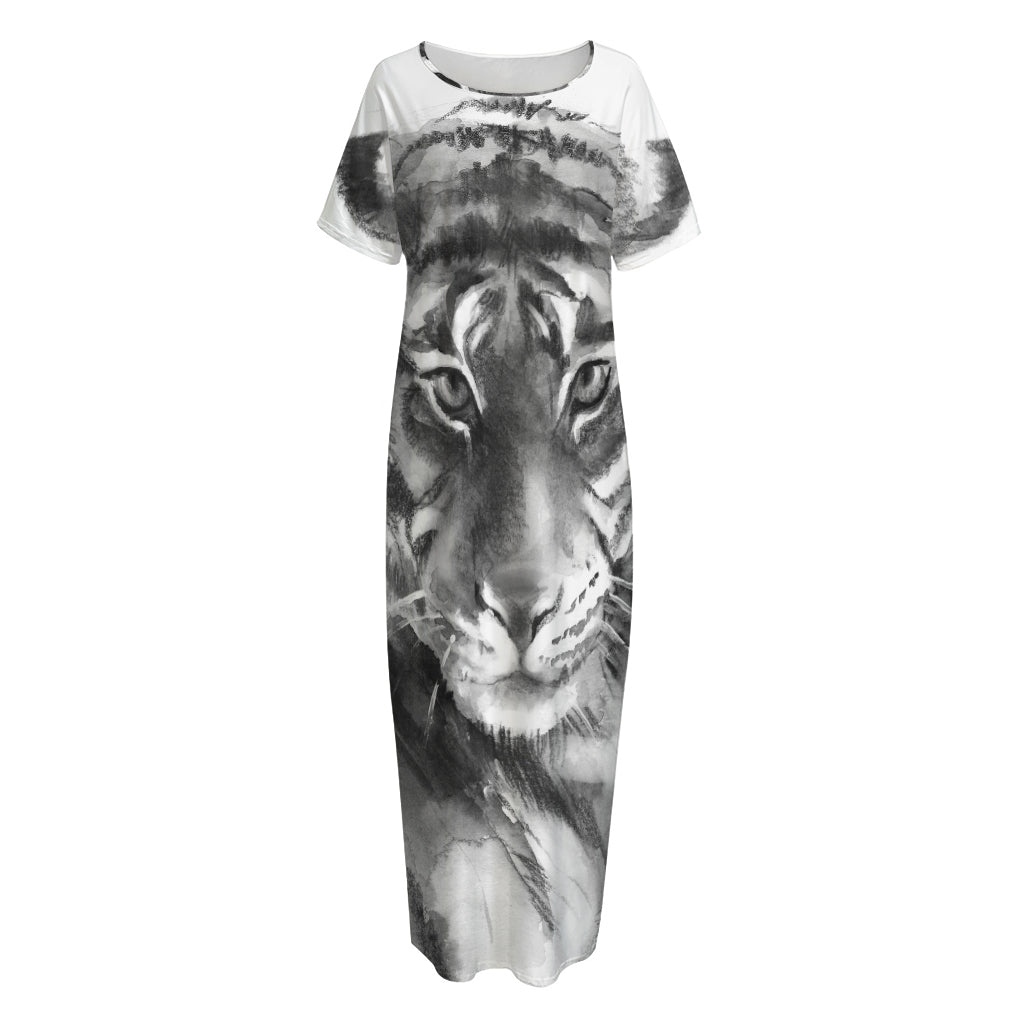 Monochrome Watercolor White Tiger Print Short Sleeve Long Nightdress