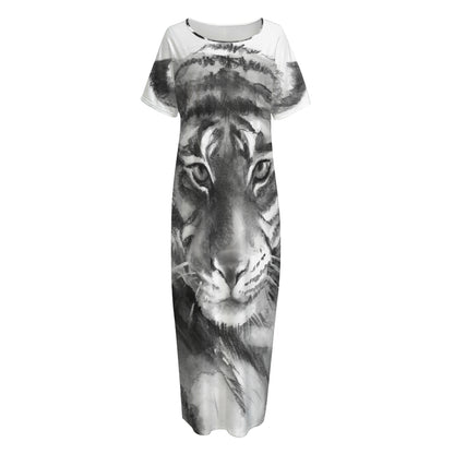 Monochrome Watercolor White Tiger Print Short Sleeve Long Nightdress