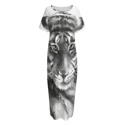 Monochrome Watercolor White Tiger Print Short Sleeve Long Nightdress