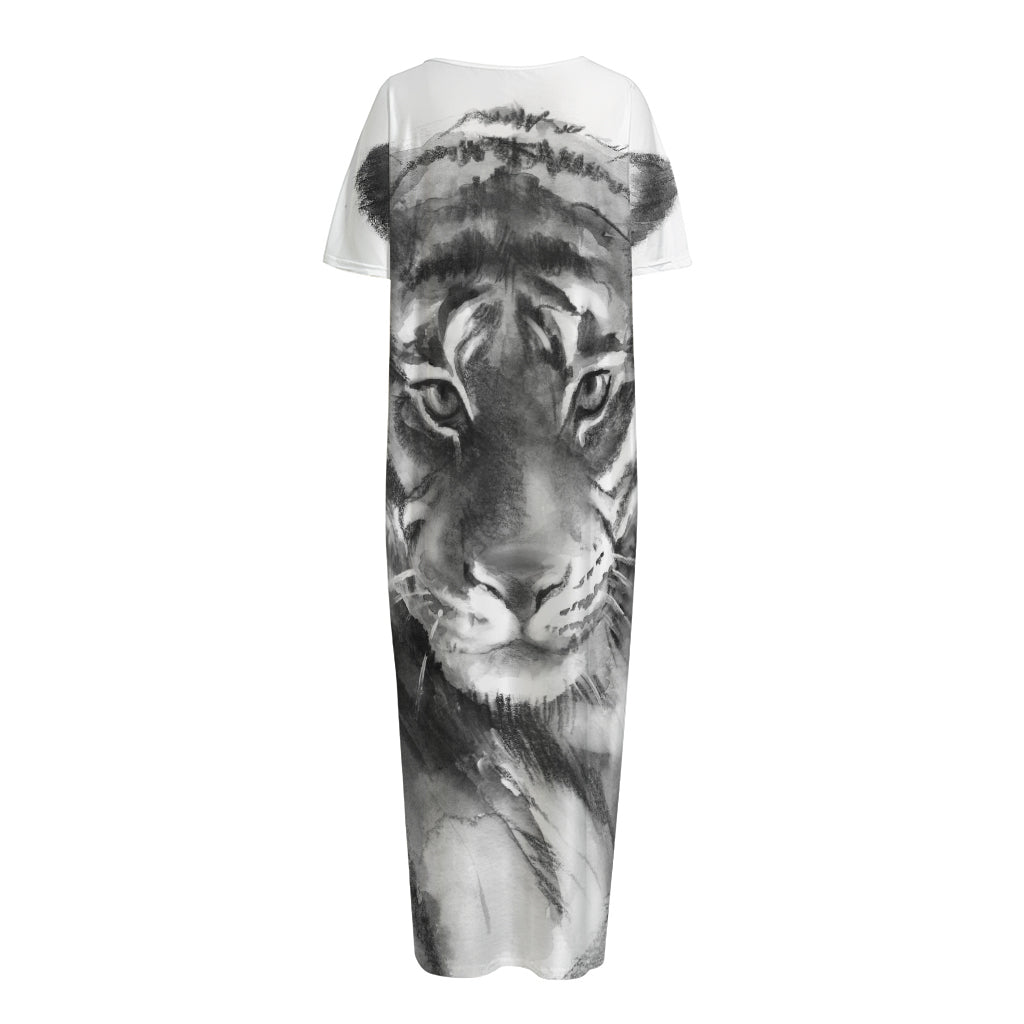Monochrome Watercolor White Tiger Print Short Sleeve Long Nightdress