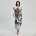 Monochrome Watercolor White Tiger Print Short Sleeve Maxi Dress