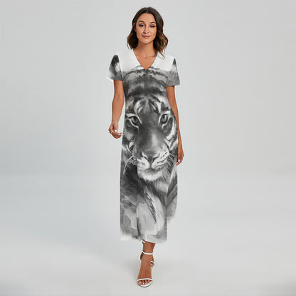 Monochrome Watercolor White Tiger Print Short Sleeve Maxi Dress