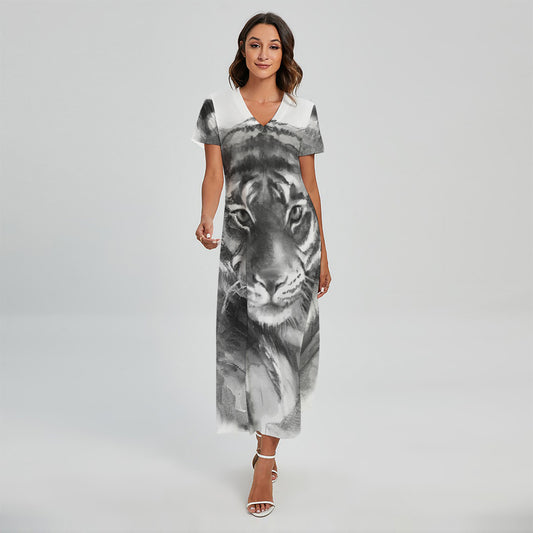 Monochrome Watercolor White Tiger Print Short Sleeve Maxi Dress