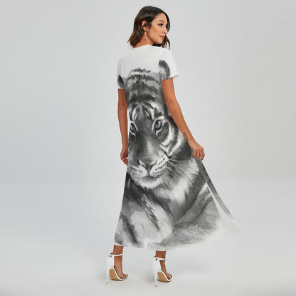 Monochrome Watercolor White Tiger Print Short Sleeve Maxi Dress