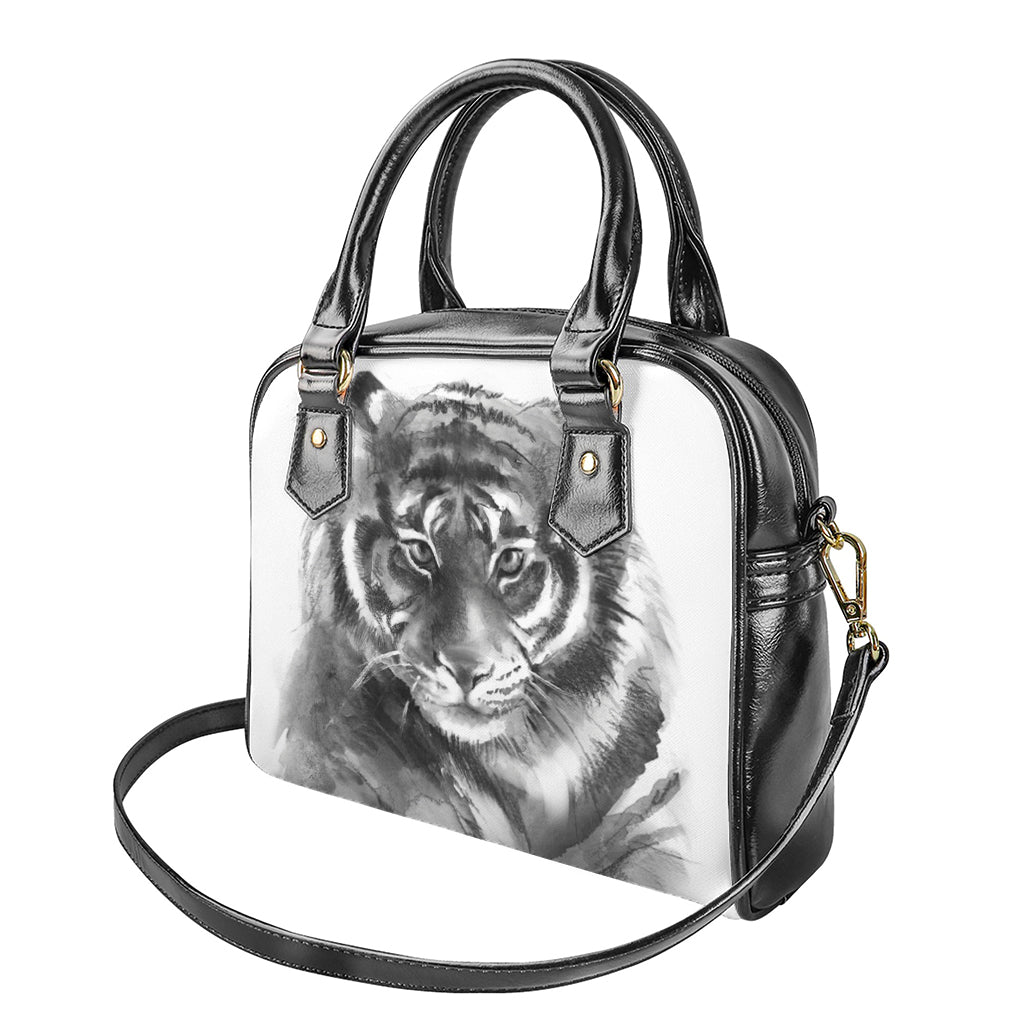 Monochrome Watercolor White Tiger Print Shoulder Handbag