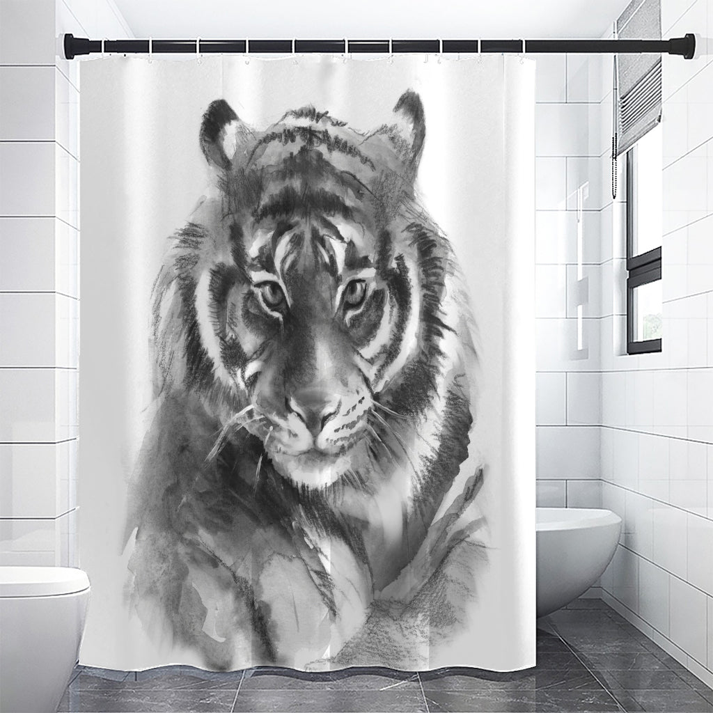 Monochrome Watercolor White Tiger Print Shower Curtain