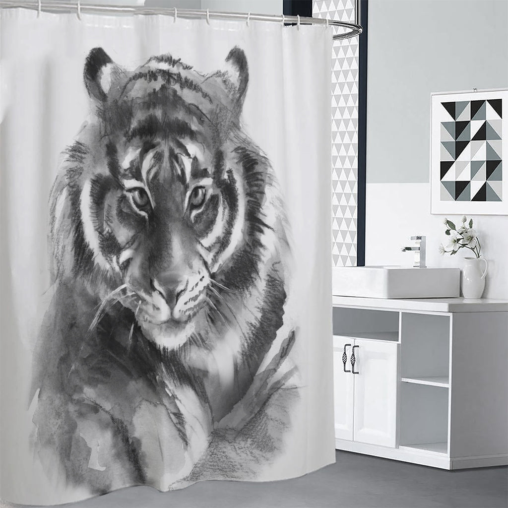 Monochrome Watercolor White Tiger Print Shower Curtain